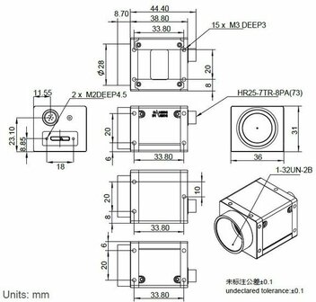 Mechanical drawing and dimensions of USB3 Vision camera 12.3MP Color with Sony IMX253 sensor, model ME2P-1231-32U3C