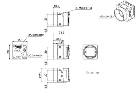Mechanical drawing and dimensions of USB 3.0 Boardlevel Camera 3.45MP Color with Sony IMX252 sensor, model VEN-301-125U3C