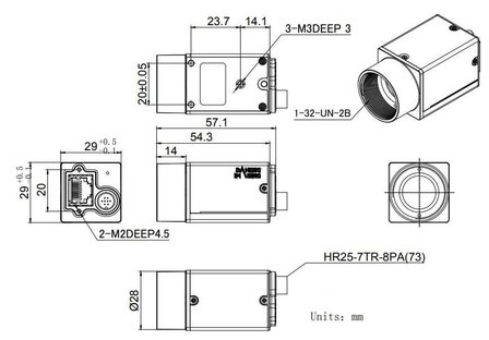 Mechanical drawing and dimensions of 10.7MP GigE Vision Camera PoE Monochrome with On Semi MT9J003 sensor, model MER2-1070-10GM