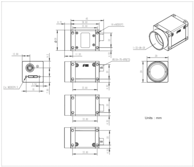 Mechanical drawing and dimensions of USB3.0 imaging camera 13MP Color with Onsemi XGS12000 sensor, model ME2S-1260-28U3C