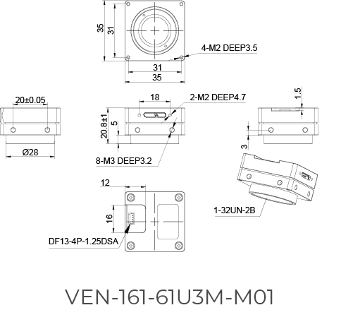 VEN-161-61U3M, IMX296, 1440x1080, 61fps, 1/2.9", Global shutter, Boardlevel, Mono