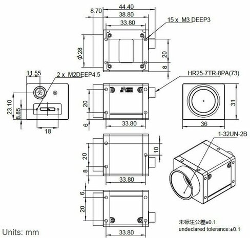 Mechanical drawing and dimensions of USB3 Vision camera 12.3MP Color with Sony IMX253 sensor, model ME2P-1231-32U3C
