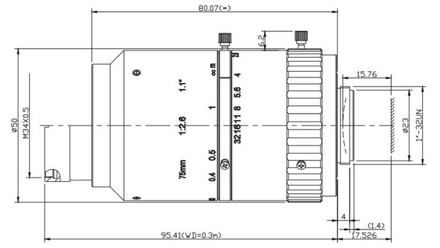 Mechanical Drawing LCM-12MP-75MM-F2.6-1.1-ND1 C-mount lens