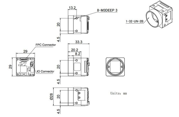 Mechanical drawing and dimensions of USB3 Boardlevel Camera 3.45MP Monochrome with Sony IMX252 sensor, model VEN-301-125U3M