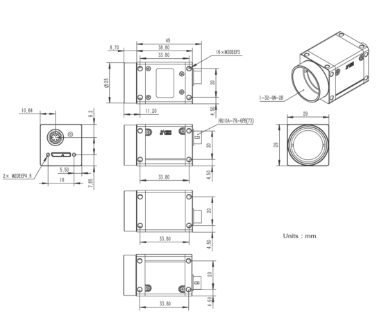 Mechanical drawing and dimensions of USB3 Industrial camera 16.1MP Monochrome with Sony IMX542 sensor, model ME2S-1610-24U3M