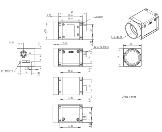 Mechanical drawing and dimensions of USB3.0 imaging camera 20,29MP Color with Sony IMX541 sensor, model ME2S-2020-19U3C