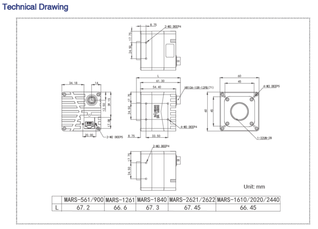 Mechanical drawing and dimensions of 20MP 10GigE Vision Camera Monochrome with Sony IMX541 sensor, model MARS-2020-42GTM
