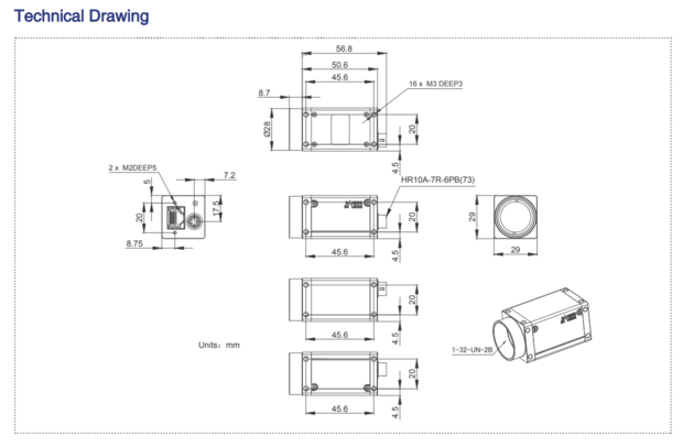 Mechanical drawing and dimensions of 2.5GigE imaging camera 5MP Color with Sony BSI 5MP sensor, model MER3-506-58G3C-P