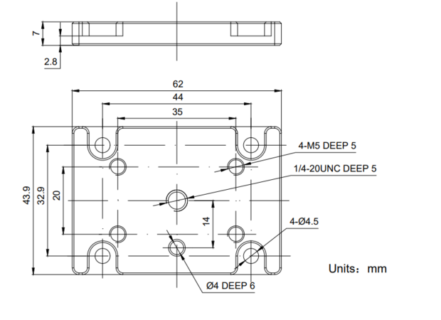 Mech drawing of Tripod mounting plate for MARS 44x32 (GigE/5GigE/USB3)