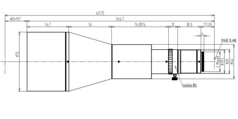 LCM-TELECENTRIC-0.188X-WD167-1.5-NI, Bi-Telecentric C-mount Lens, magnification 0.188X, sensorsize 2/3