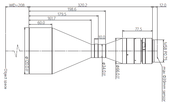 LM58-TELECENTRIC-0.433X-WD208-39-NI, Telecentric M58-mount Lens, magnification 0.433X, sensorsize 39mm